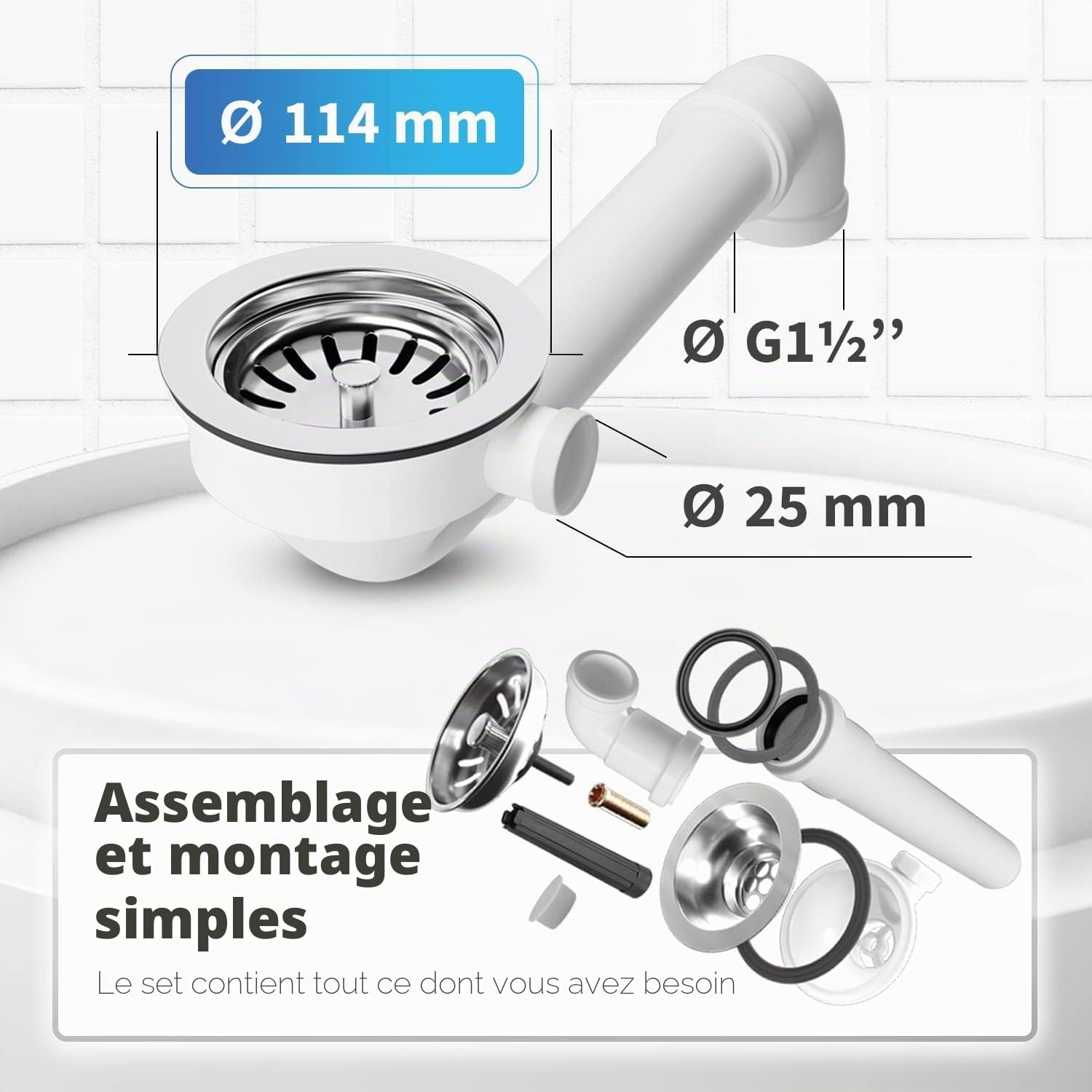 AQUADE Siphon avec panier filtrant 114 mm - Panier filtrant pour évier - Siphon pour évier - Ensemble siphon pour évier de cuisine - Vidange de lavabo - Modèle : Raumschaffer