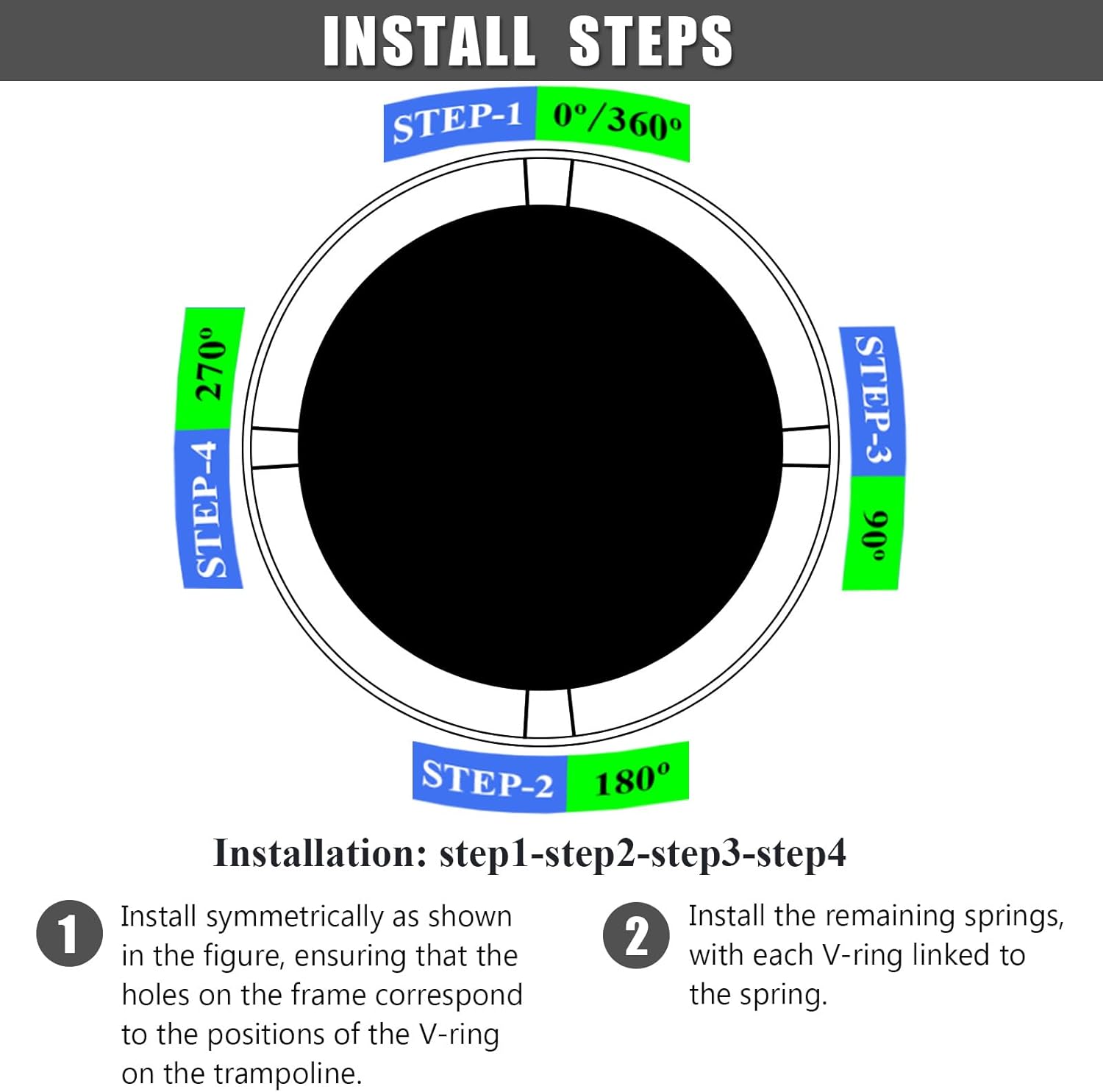 Trampoline Replacement Mat, Dia:105.5", Fits 10ft Frame, with 54/56/60/64 V-Rings for Choose and Spring Tool, Fits 5.3"-5.7" Springs, UV-Resistant