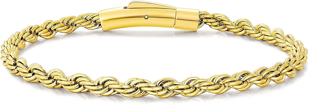 4mm Rope Chain Bracelet for Men Women, 8IN | 18K Gold Filled/Black/Silver, 316L Stainless Steel, Easy-On Bayonet Clasp, Hypoallergenic, Waterproof, Non Tarnish
