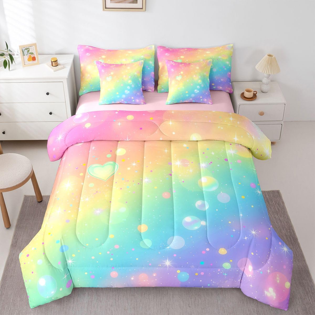 Feelyou Colorful Rainbow Galaxy Comforter Set Full Lovely Kids Rainbows 7 Pcs Bedding for Kids Boys Girls Bed in a Bag,Cute Rainbow Bed Sheet Sets with Fitted Sheet Pillowcases for Bedroom Bed Decor