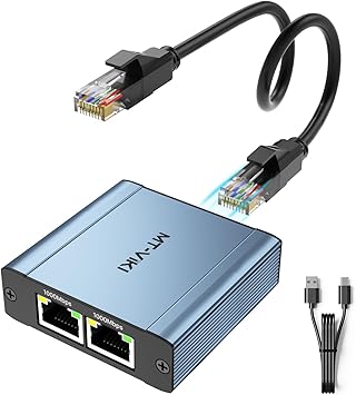 MT-VIKI Ethernet Splitter 1 to 2 High Speed 1000Mbps, Gigabit Dual RJ45 Splitter Adapter for Cat5/5e/6/7/8 Cable [Aluminum Case with Power Cable]