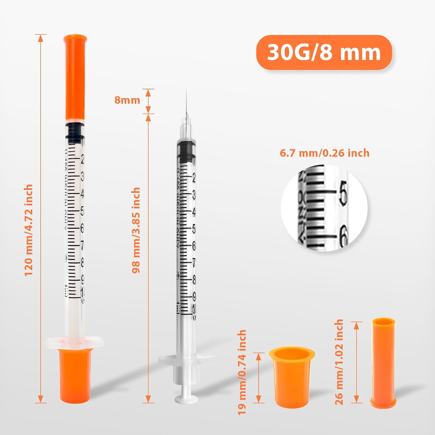 30 Pack U-100 1ml Syringes with Needle, 30G 5/16" 8mm 1cc Syringe, Disposable Individual Package
