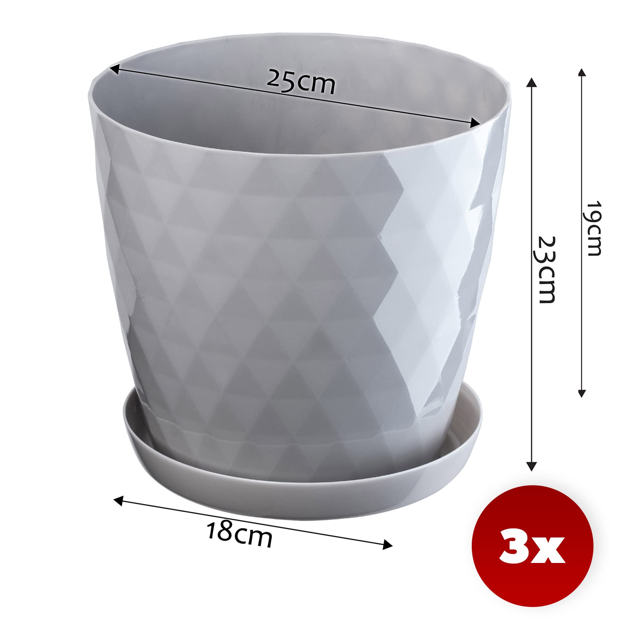 KADAX Pot de Fleurs en Plastique avec Soucoupe, Pot de Plante pour Une Décoration Florale Moderne dans l'espace Interieur (Lot de 3 : Gris, 25 cm)