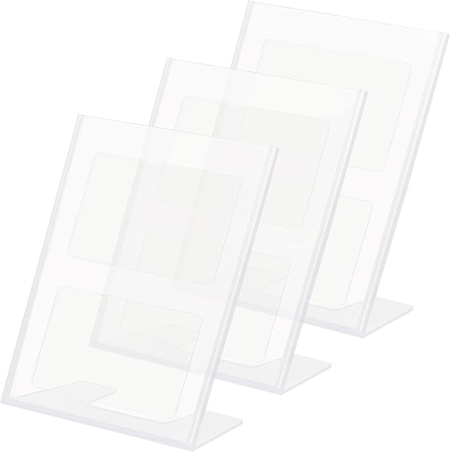 Kurtzy A4 Clear Plastic Sign Holder (3 Pack) - Slanted Portrait Plastic Display Holders - Table Top Restaurant Menu, Office Desk Cards, Ad Poster, Leaflet, Flyer, Paper Holder & Photo Frame Stand