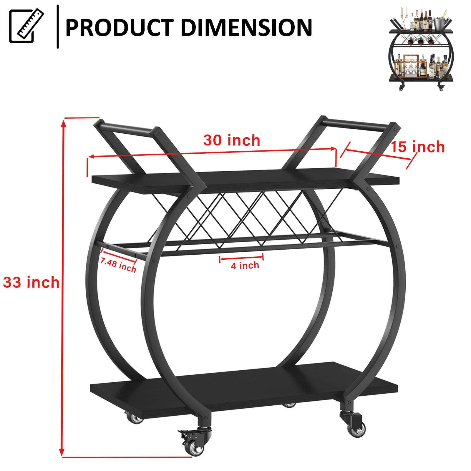 LVB Carrello Portabevande Nero, Carrello Bar con Ruote in Legno/Metallo, Mobile per Vino e Bevande, Ripiano inclusi, Ideale per Cucina o Sala da Pranzo