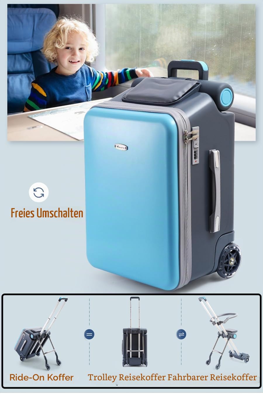 Kinder-Roller-Koffer, 2-in-1, Aufsitzkoffer mit Kindersitz-Design, Hartschalengepäck, mit einziehbarem Griff und EVA-Schale für Reisen, rose