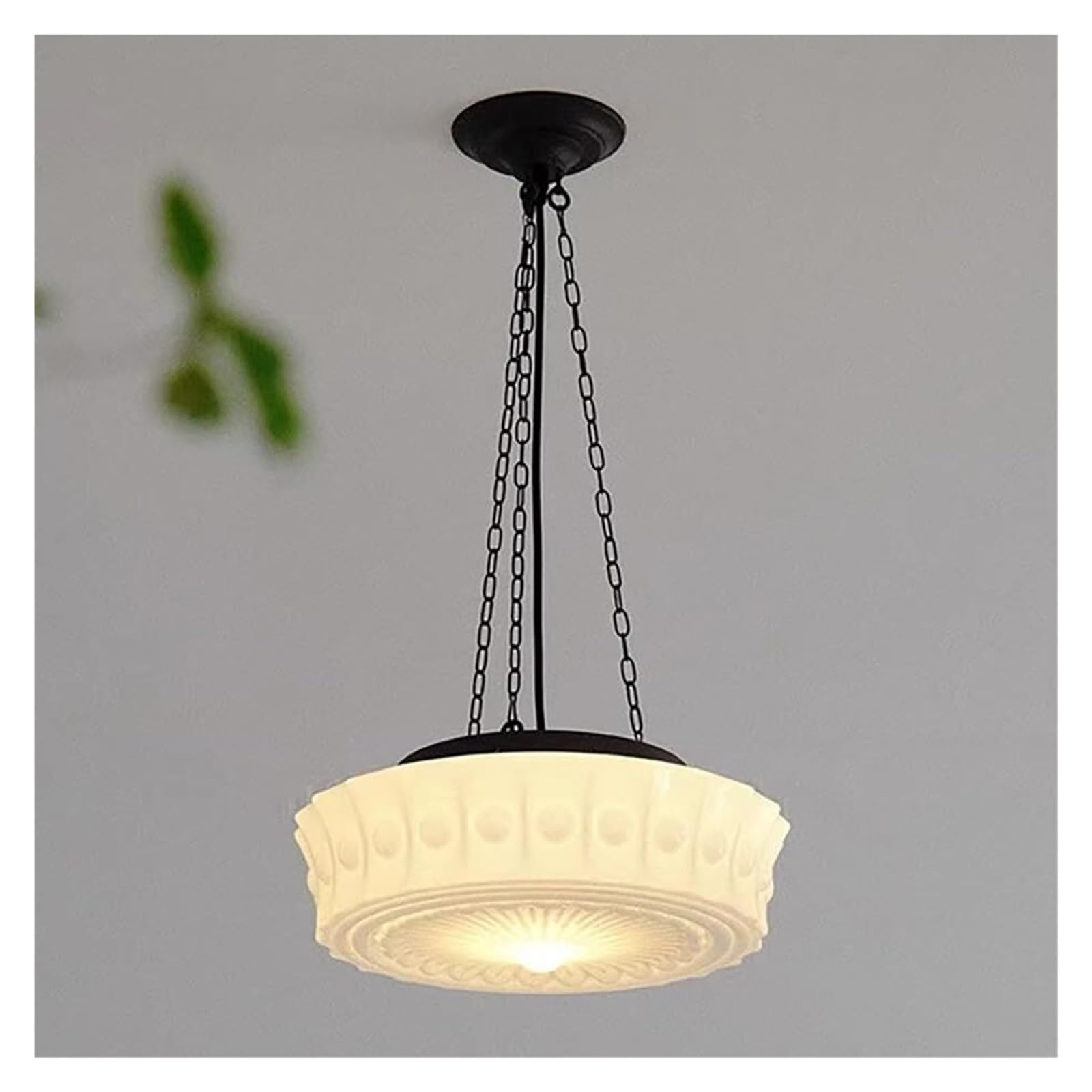 KHUKHU Mid Century Modern Black Drum Pendant Light Milk White Glass Pendant Light Antique Farmhouse Single Hanging for Kitchen Island Living Room Bedroom Light Fixture(Milk White)