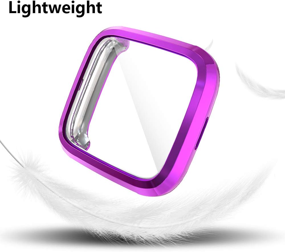 Seltureone (3 Pack Compatible for Fitbit Versa 2 Screen Protector Case, Full Body Cover Scratch Resistant Shock Absorbing Ultra Slim Protective for Fitbit Versa 2 Cases (Clear,Red,Purple)