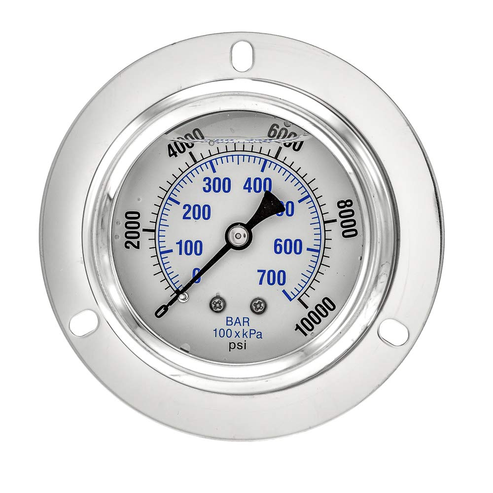 PIC Gauge PRO-204L-254U napełniona gliceryną przemysłowy panel z kołnierzem montażu manometr z obudową ze stali nierdzewnej, wewnętrzne mosiężne, plastikowe soczewki, rozmiar cyferblatu 2-1/2", 1/4" męski NPT, 0/1000 psi