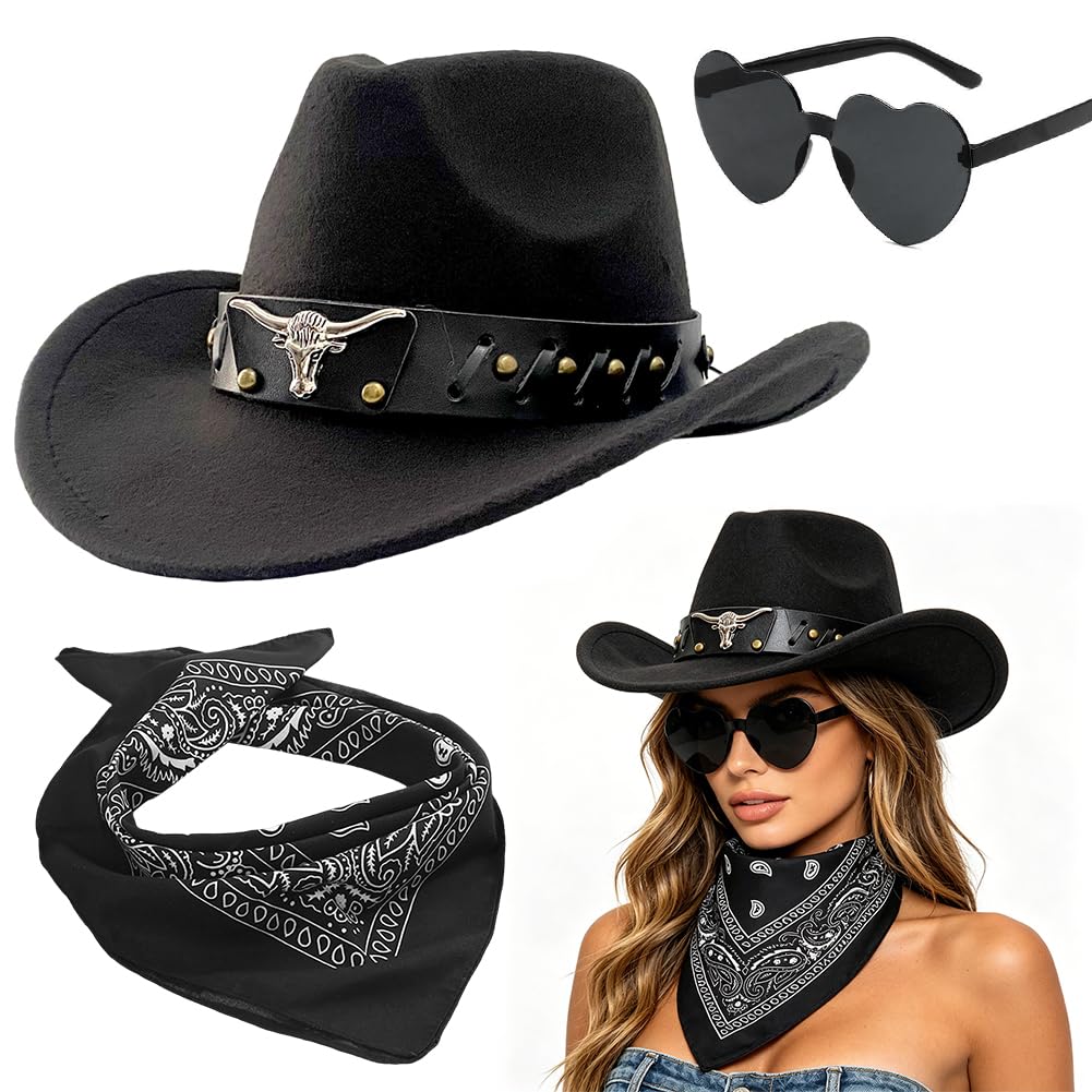 Sombrero Vaquera 3 Piezas Sombrero de Vaquero Accesorios Sombreros Vaquero del Oeste Traje Sombreros Vaquera con Pañuelo Cuadrado y Gafas para Vacaciones Fiestas Temáticas — view 15