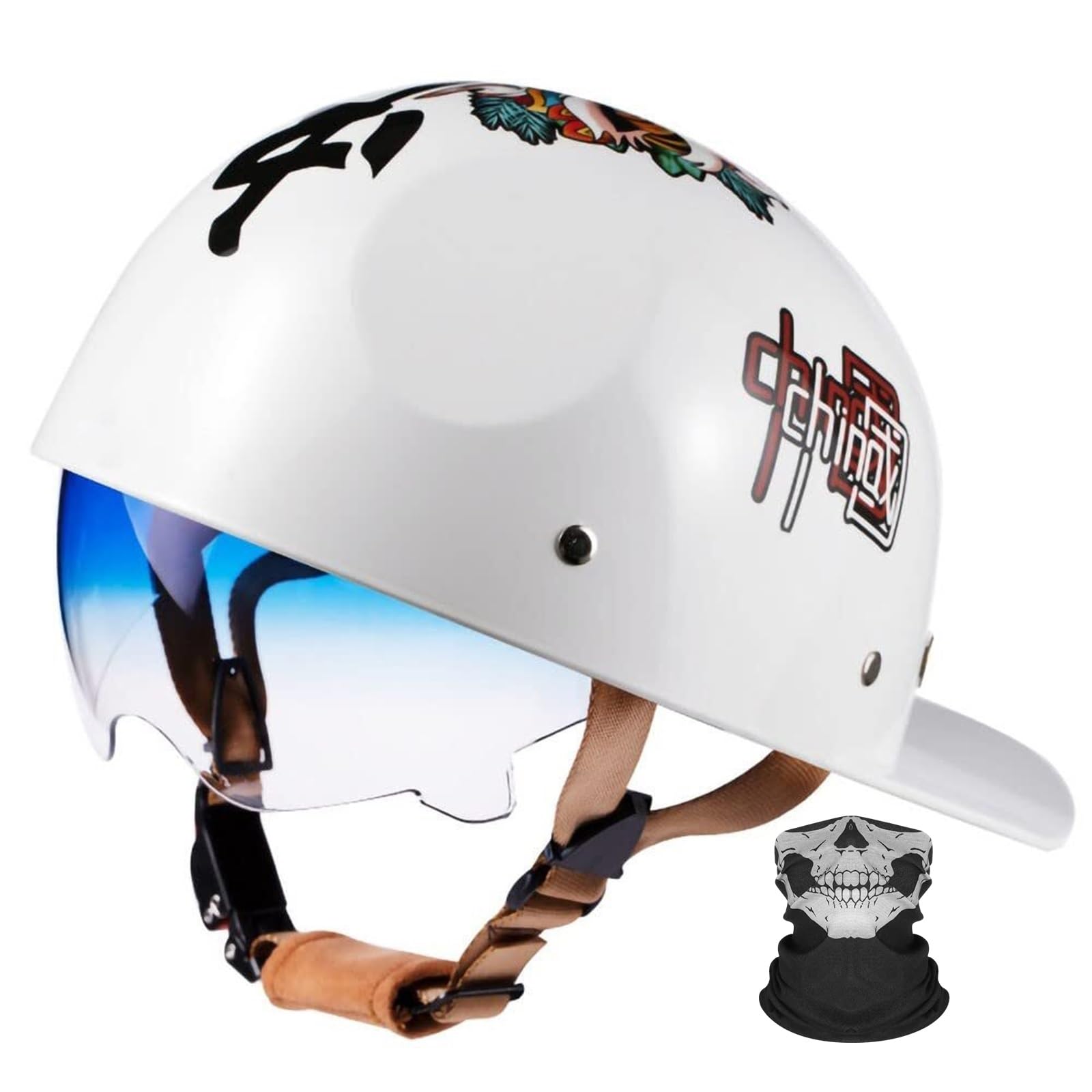 Heritage Kask Baseball ECE 22.06 Homologacja Półkask Retro Skuter Chopper | Półkask Czapka z Daszkiem ECE Homologacja, Skorupa ABS Lekka, Blenda + Maska Czaszka Gratis