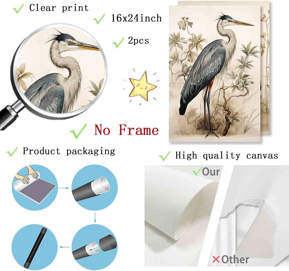 Mostemauo Grey Heron Bird Wall Art Canvas Print Poster, 16x24inchx2pcs No Frame