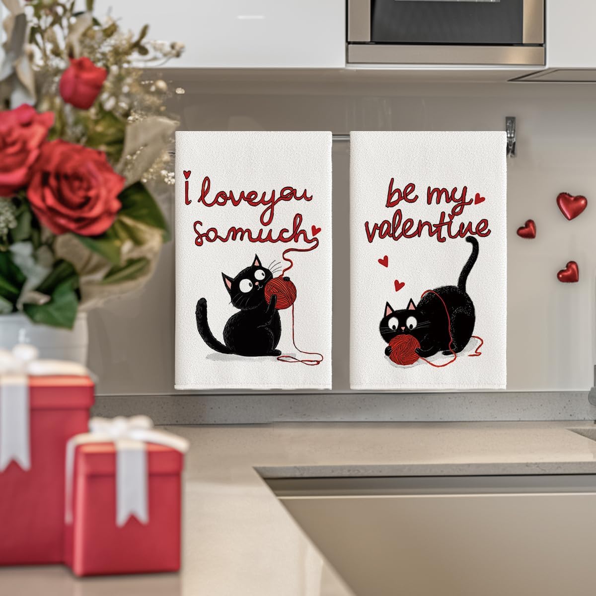 Artoid Mode Black Cats Ball Love Hearts Valentine's Kitchen Towels Dish Towels, 18x26 Inch Anniversary Wedding Decoration Cleaning Set of 2 - Image 4