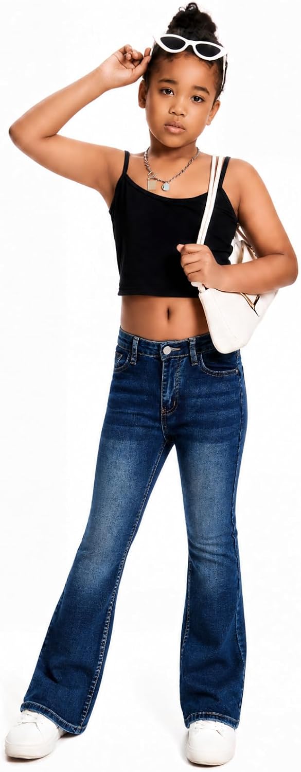 Girls Jeans Flare High Waist Elastic Cute Y2K Denim Pants, Girls Bell Bottom Stretch Streetwear Jeans with Pockets