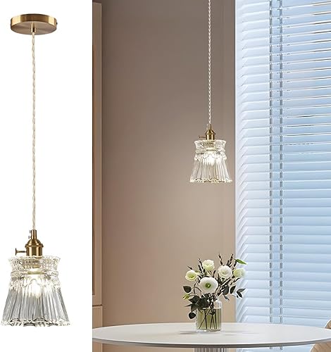 Lámpara colgante de cristal, lámparas colgantes de latón vintage con interruptor, lámpara colgante pequeña de granja para cocina, isla, comedor,