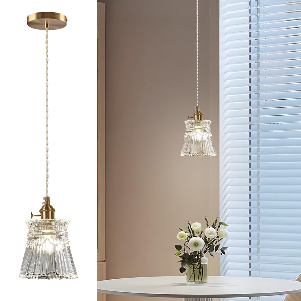 dareyu Glass Pendant Light 5.7 Inch Mini Vintage Brass Pendant Lights Fixture with Switch Farmhouse Hanging lamp for Kitchen Island Dining Room