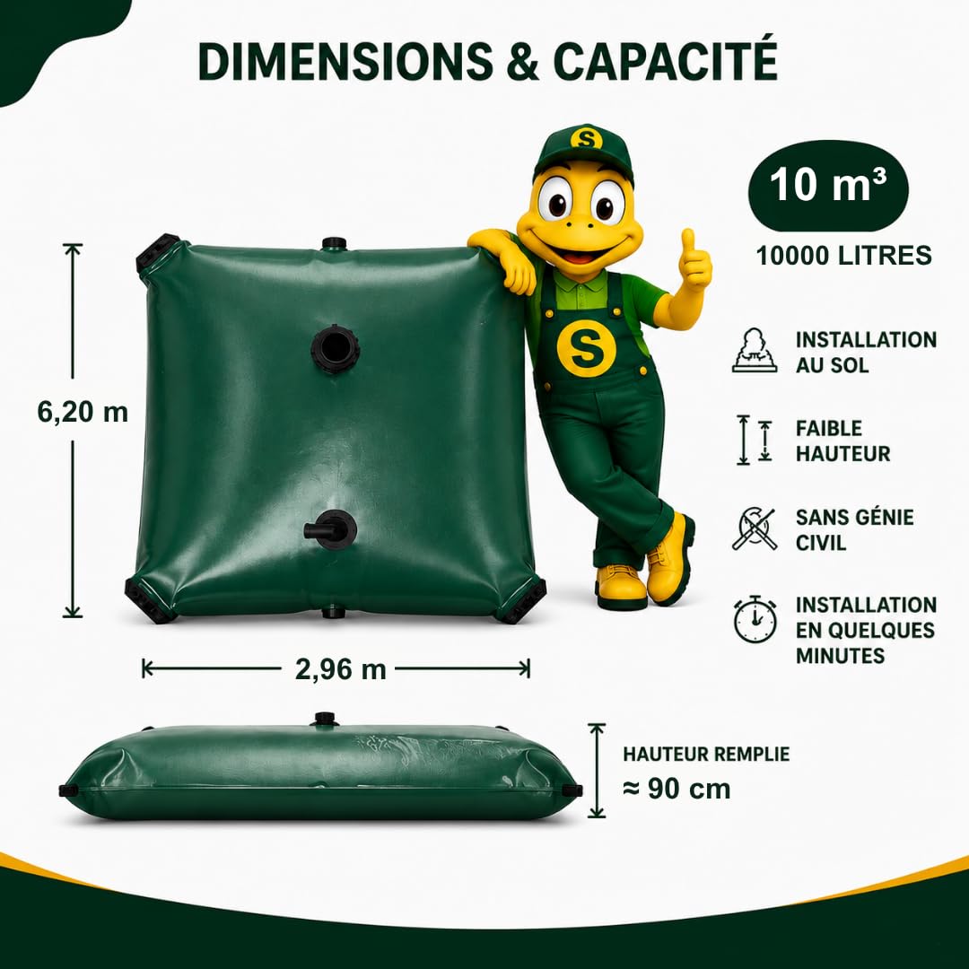 Citerne Souple/Récupérateur Eau de Pluie/Bâche Souple en PVC/traitée Anti UV/Autoportante (10m3 / 10 000L)