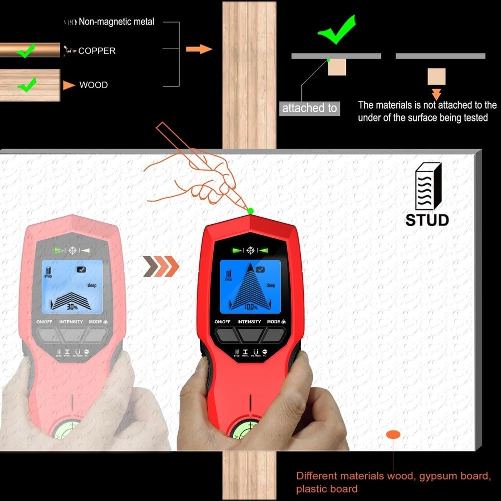 Buscador de pernos, detector de metales, escáner de alambre, escáner de pared 7 en 1 con pantalla LCD, nivel de burbuja para madera, clavos, detección de cables vivos de CA, renovación de