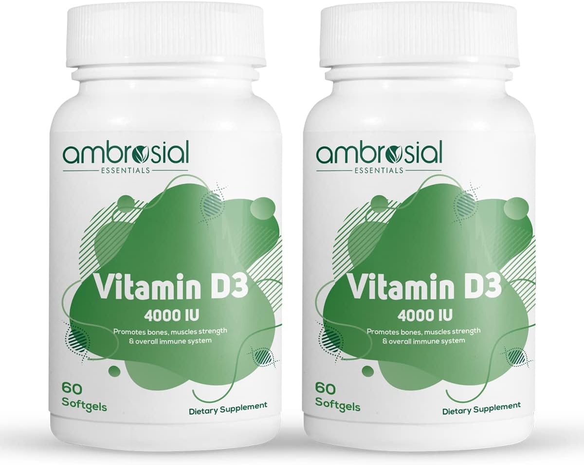 Ambrosial Vitamin D3 4000 IU (100 mcg) |Vitamin D Tablets for Healthy Bones and Teeth | Vitamin D 4000iu Supports Immunity and Muscle Function | Gluten Free (Pack of 2-120 Softgels)