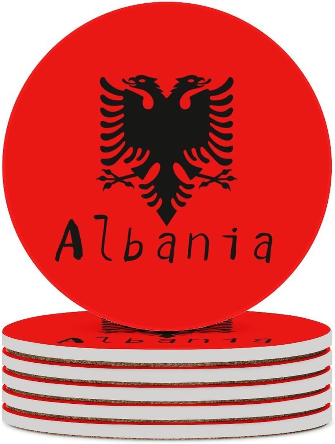 Flag of Albania Round Ceramic Coasters Print Drinks Absorbent with Cork Base for Home Decor Gifts 4 Inch