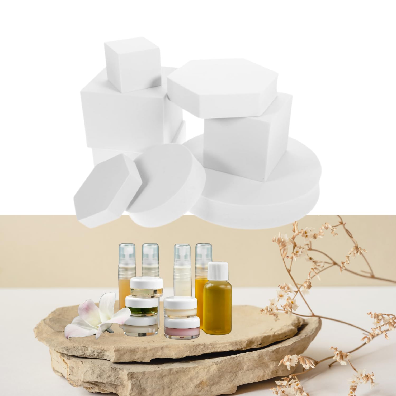 Lot de 8 cubes géométriques en mousse pour bijoux, cosmétiques, maquillage, séance photo (blanc)