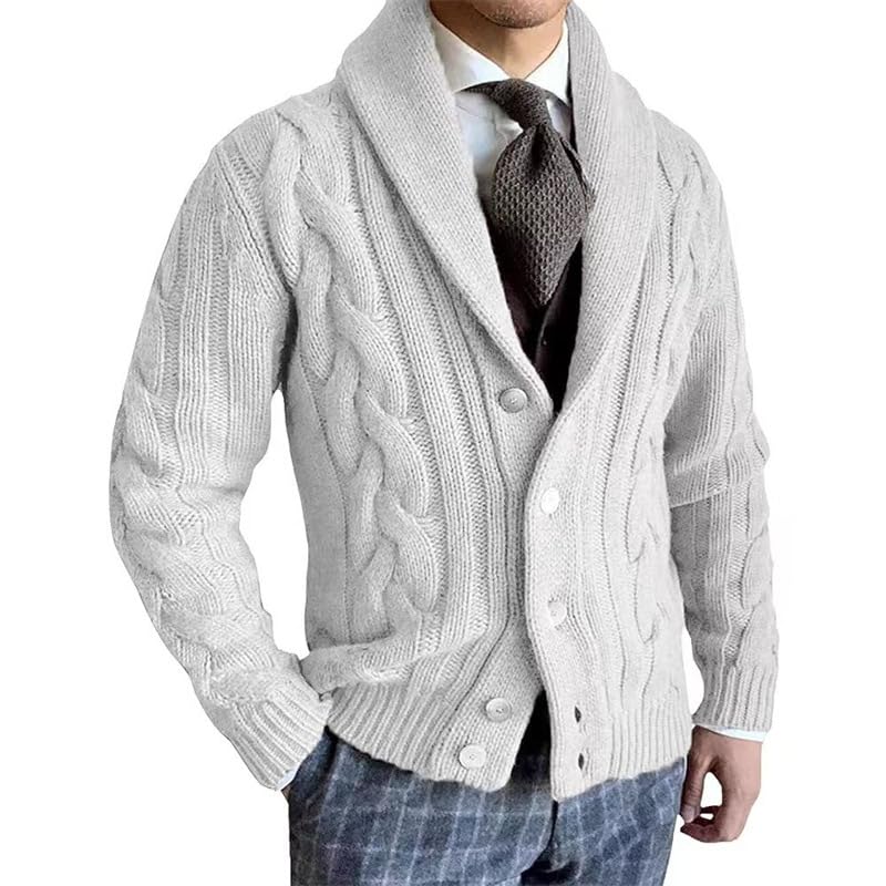 bifanxi Men's Cable Knit Lapel Cardigan Sweater Jacket with Buttons for Autumn and Winter | White | S-picture-18