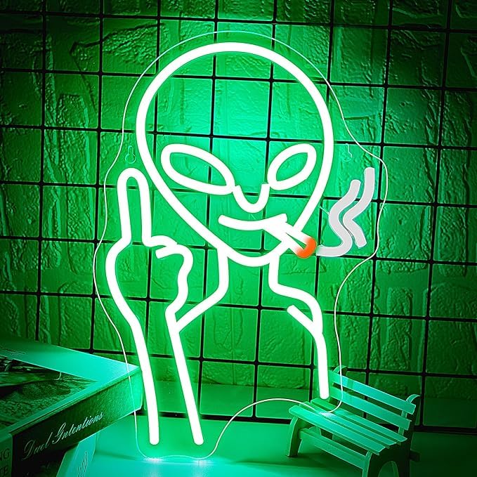 SHANJIA Neon Light Signs, Green Alien Neon Signs LED Sign Alien Neon Signs for Wall Decor,Game Room Decor,Hip Hop Party Neon Signs for Wall Decor,Bedroom Wall Decor (Alien-8)