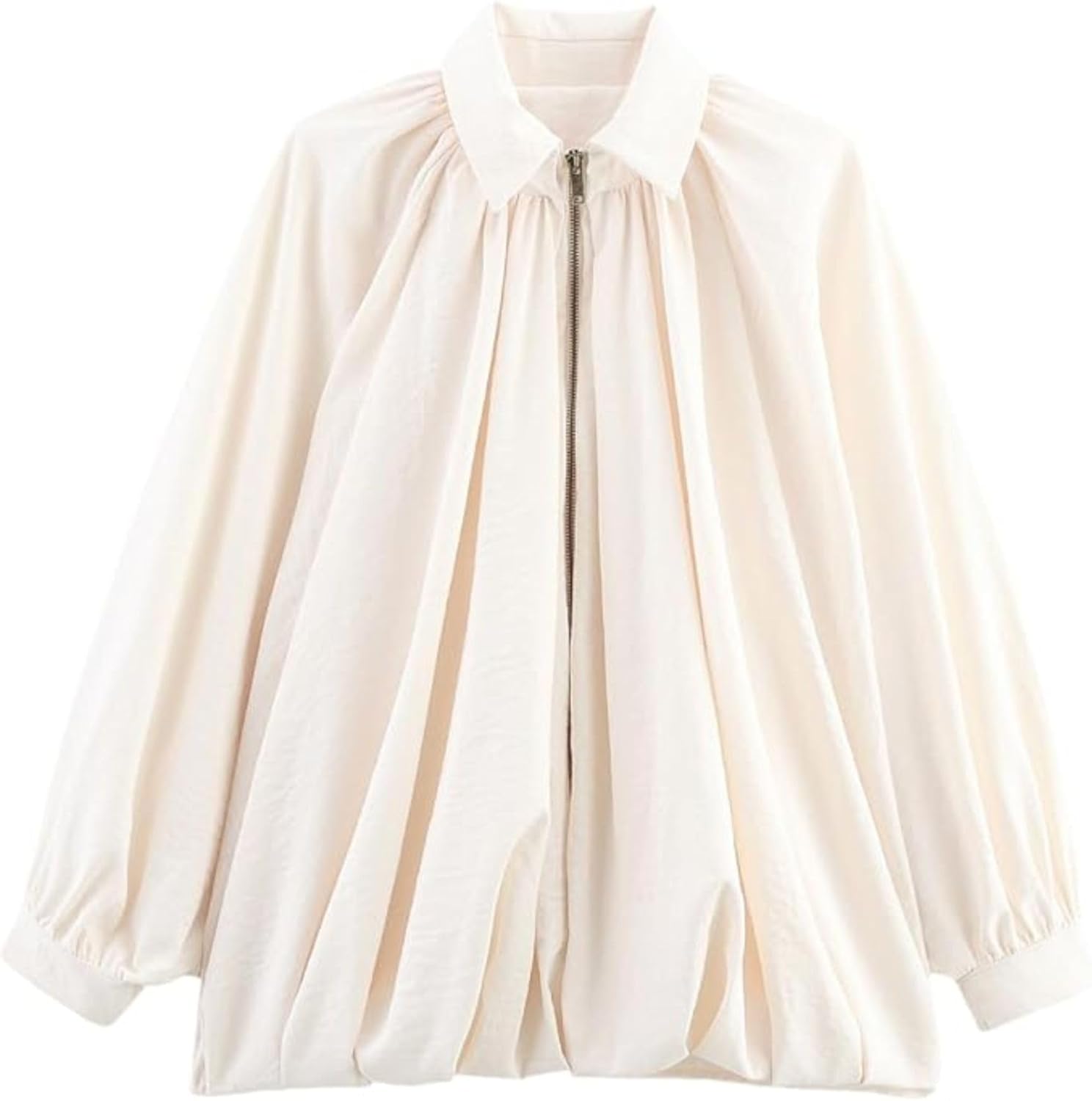 Xunger Women's Puffed Bomber Jacket Oversized Streetwear Casual Batwing Sleeve Lapel Collar Zip Front Pleated Shirts