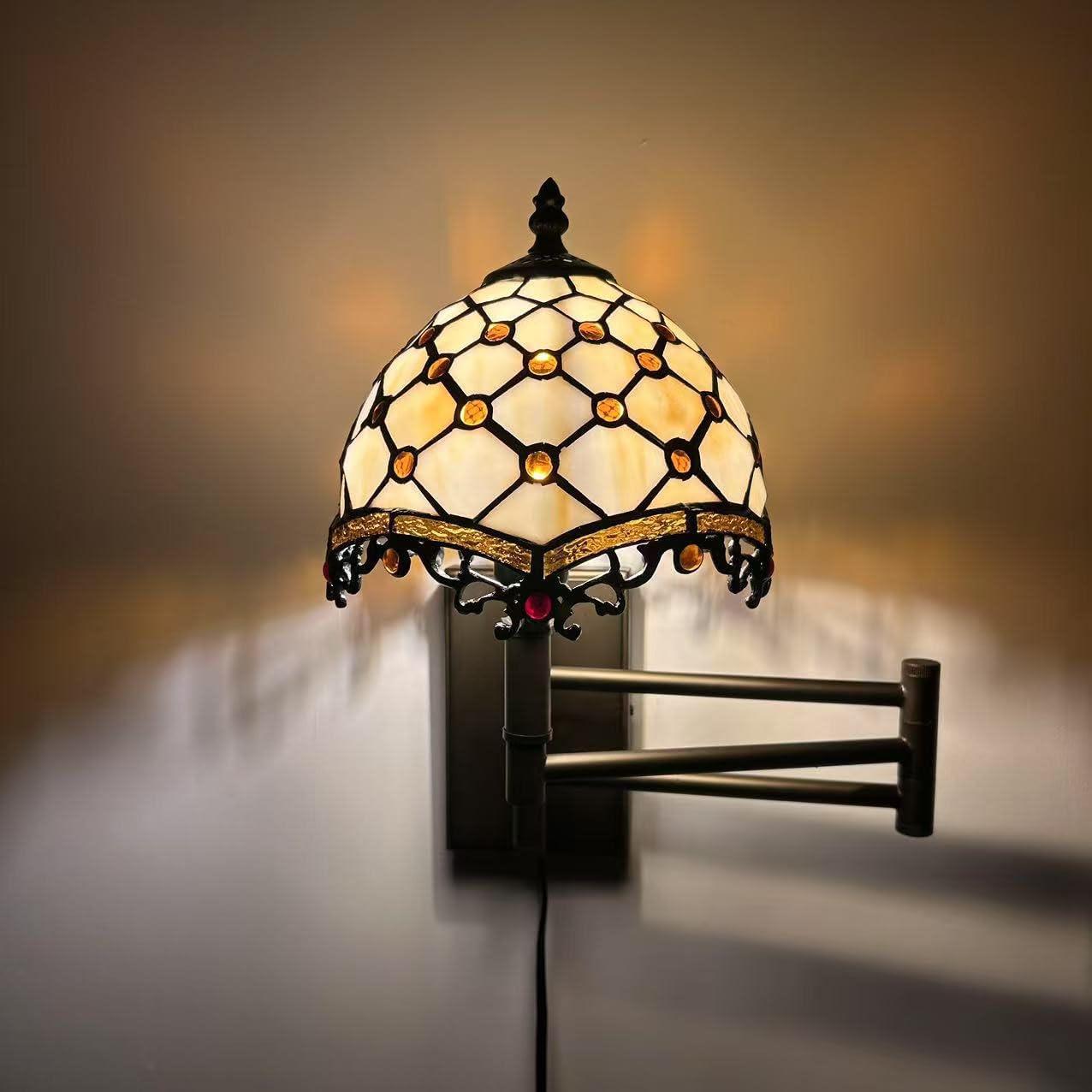 Beige Stained Glass Sconce Lamp Plug in Swing Arm Crystal Beans LED Bulb Included for Bedroom Living Room 13”W*8”D*15”H