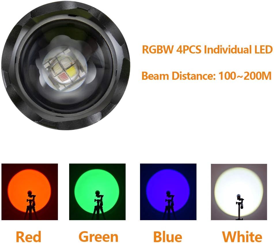 Close-up of the flashlight head showing RGBW individual LEDs and beam distance information.