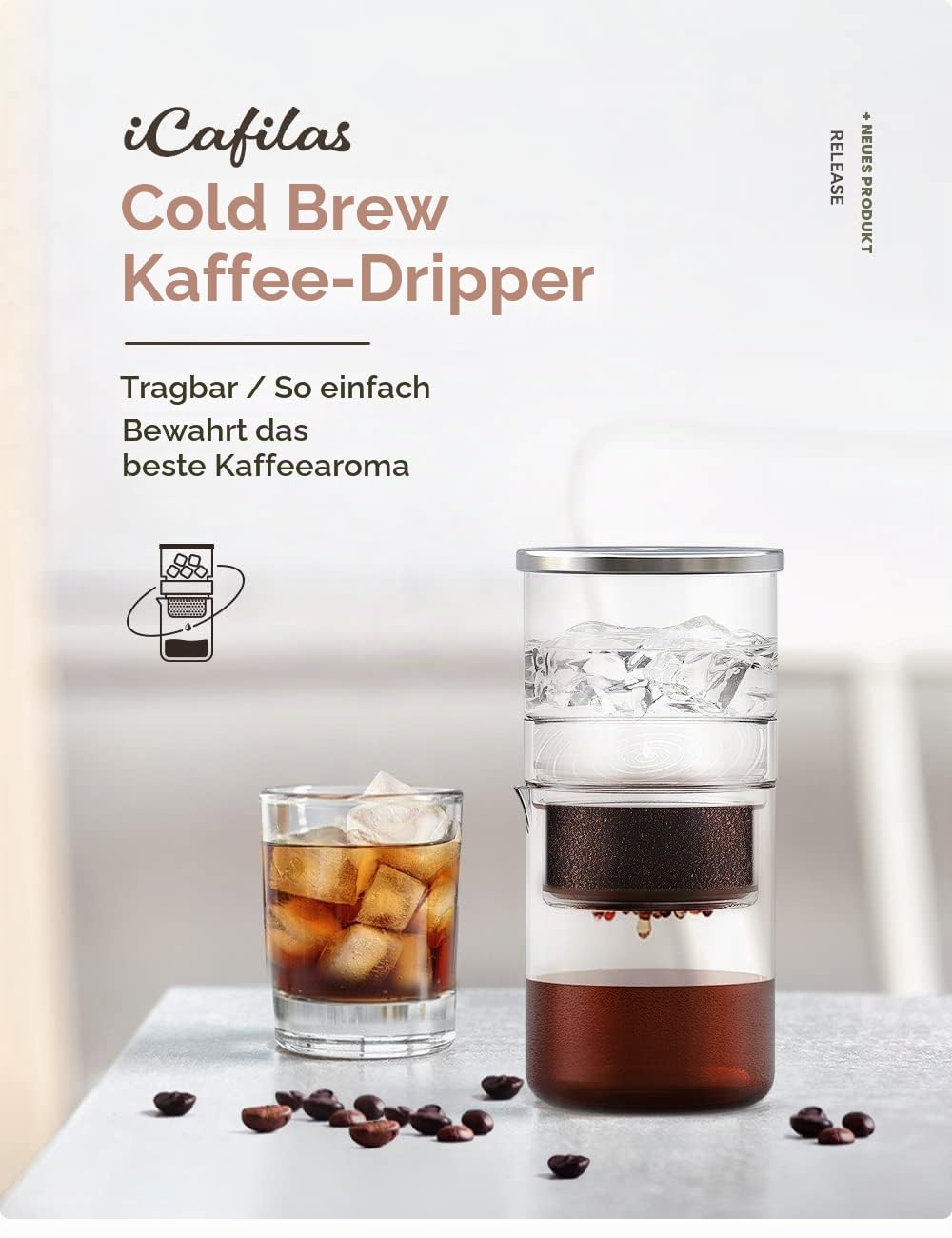 i Cafilas 2-in-1 Cold Brew Dripper Cold Brew Coffee Maker,Eis Tropf-Kaffeezubereiter 300ml - Kaffeebereiter für kaltgebrühten Kaffee und Tee, Kaffeemaschine für Kaltextraktion