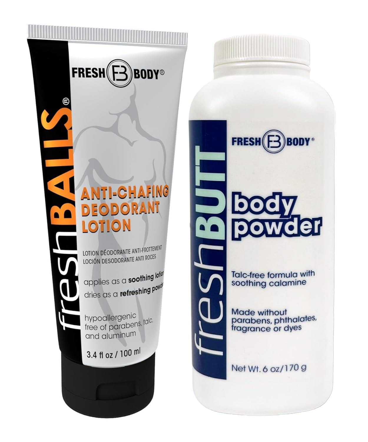 Fresh Body FB Balls & Butt Anti-Chafe Bundle – Men's Lotion (3.4 Fl Oz) & Multi-Purpose Body Powder (6 Oz) – Talc-Free, Plant-Based Protection Against Sweat & Irritation
