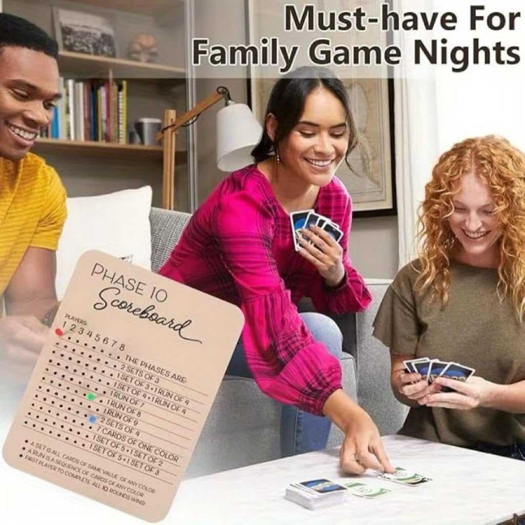 Phase 10 Score Board, 2025 New Wooden Phase 10 Scoreboard with 8 Colored Pegs for Phase 10 Card Game, Phase Ten Score and Round Tracker Fun Board Games for Families, Adults