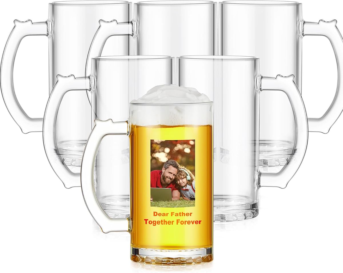 Mifoci 6 Pcs Sublimation Blank Beer Mugs Personalized Present 16 oz Clear Beer Mugs Can Add Photo Text or Images on Gift for Dad Husband Boyfriend Men Father's Day Wedding Oktoberfest