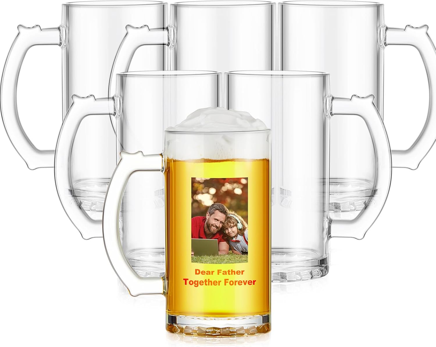 Mifoci 6 Pcs Sublimation Blank Beer Mugs Personalized Present 16 oz Clear Beer Mugs Can Add Photo Text or Images on Gift for Dad Husband Boyfriend Men Valentine's Day Father's Day Wedding Oktoberfest