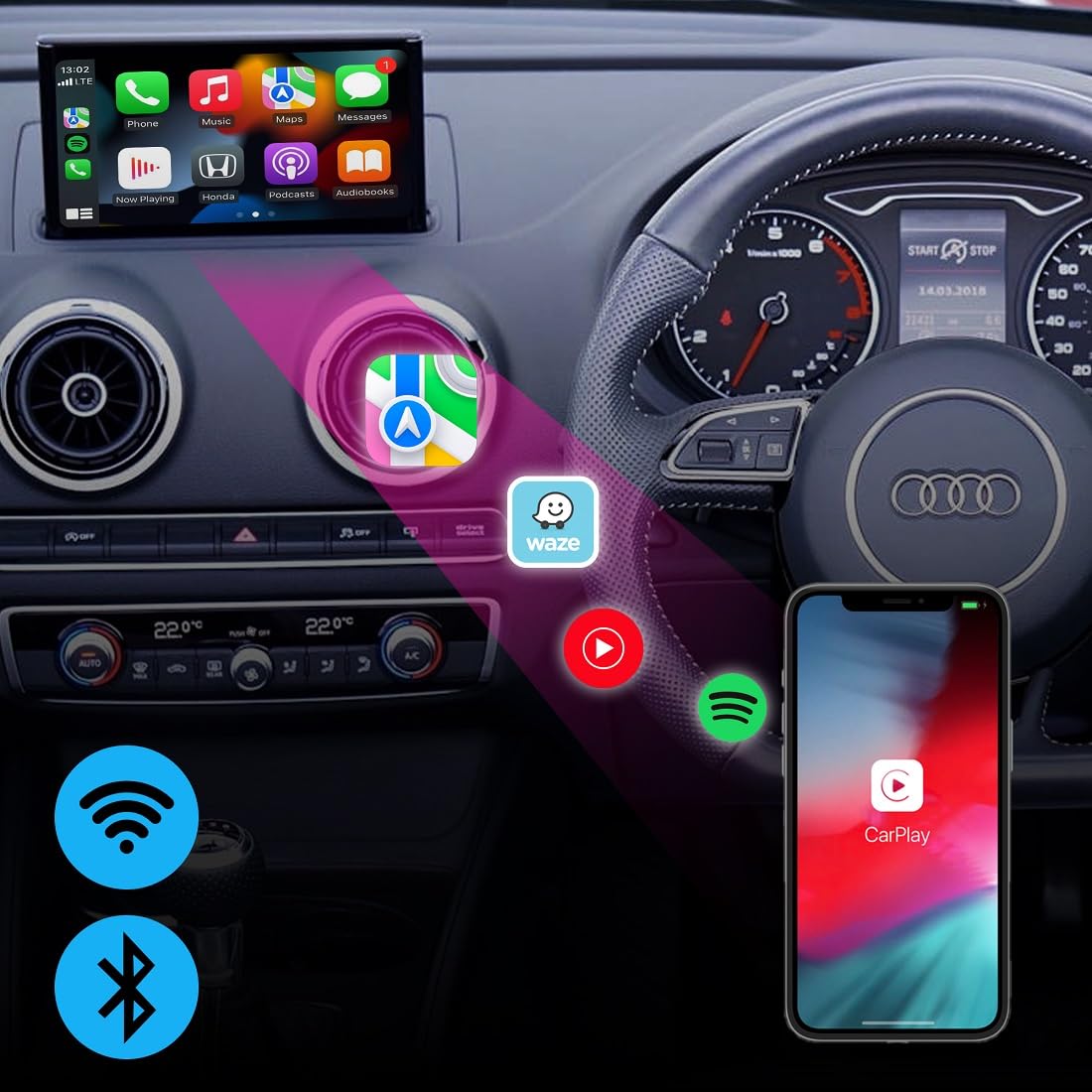 HAAVITEK Mini Wireless CarPlay & Android Auto Adapter for iPhone & Android 2-in-1 Wired to Wireless Plug & Play, USB-C, Very Low Latency