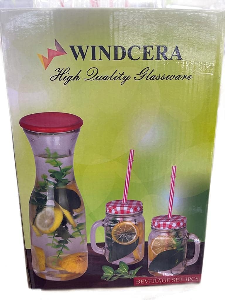 Windcera Juice Set | Glass Bottle 1 Pc (1000ml), Small Mug 2 Pcs (450ml each) | Classy Set for Storing Juicing, Milk, Beverages, Kombucha, Fruit Drinks.