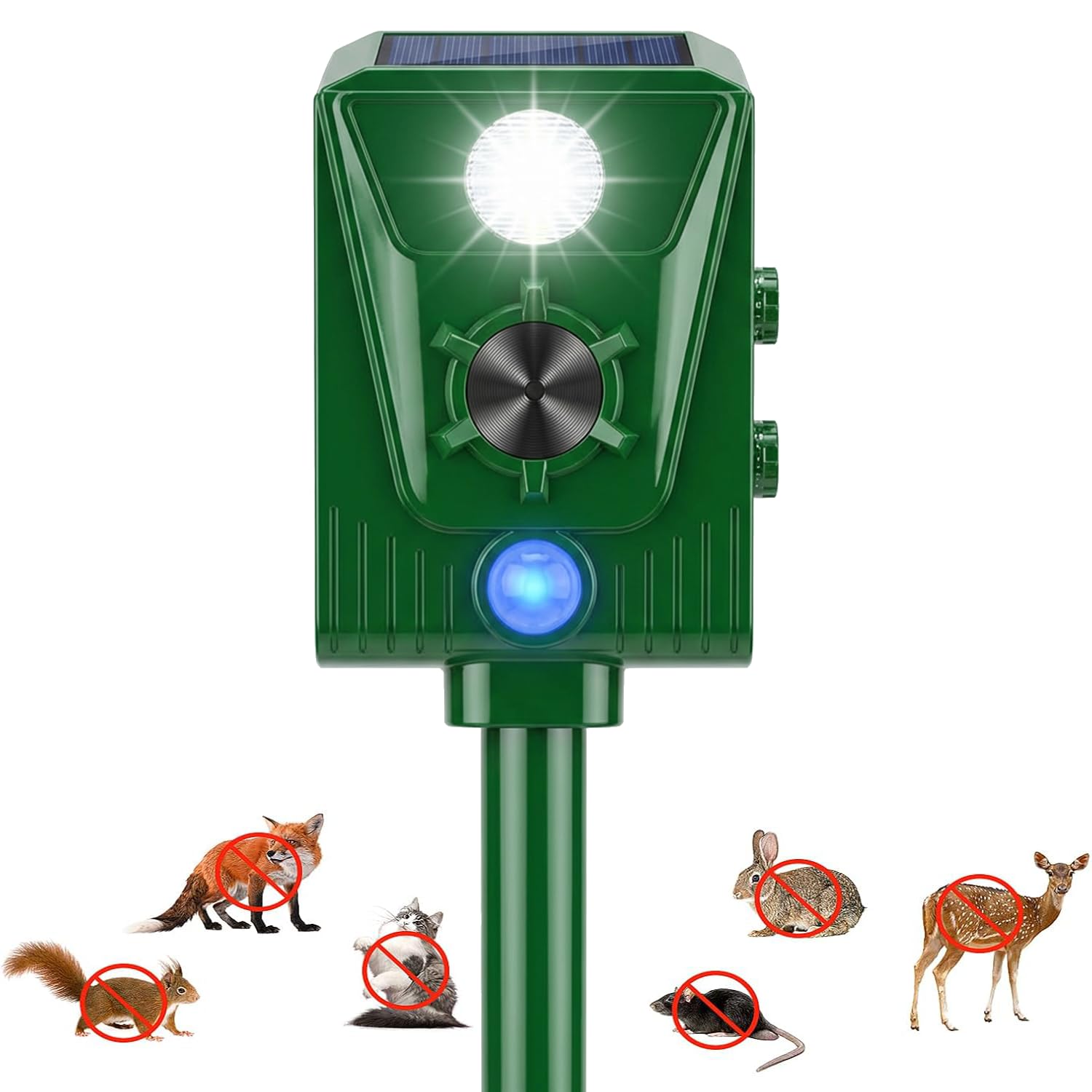 EMS Répulsif pour Chats,répulsif à ultrasons à énergie Solaire IP66 étanche à fréquence réglable pour éloigner Les Animaux, 5 Modes réglable, pour Animaux à ultrasons Vélo