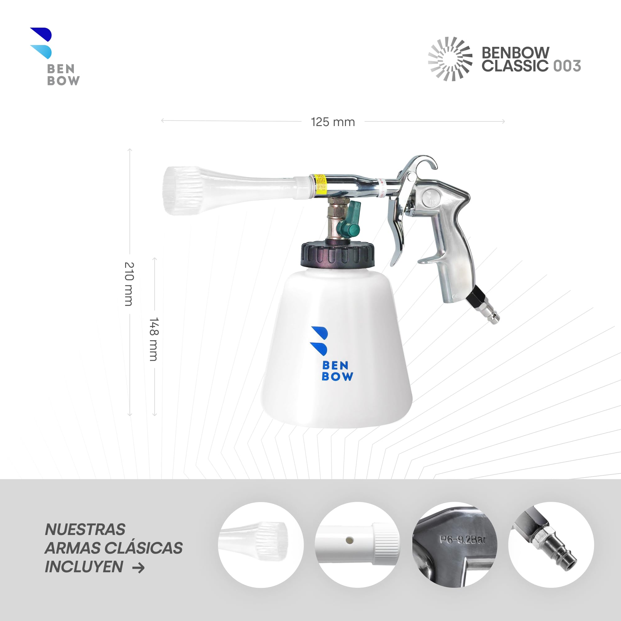 BenBow Pistola de Limpieza de Aire comprimido Classic Brush – Elimina eficazmente la Suciedad en Autos, Camiones, autobuses y maquinaria de construcción – con depósito de 1 litro para detergente