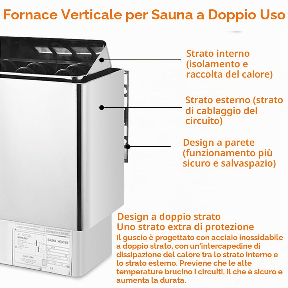 Riscaldatore Elettrico per Sauna, Forno per Sauna in Acciaio Inossidabile da 3-9 Kw, Riscaldatore per Bagno di Vapore Secco Spa con Set di Tecnologie per Sauna con Ritardo Temporale, Supporta 4.5KW