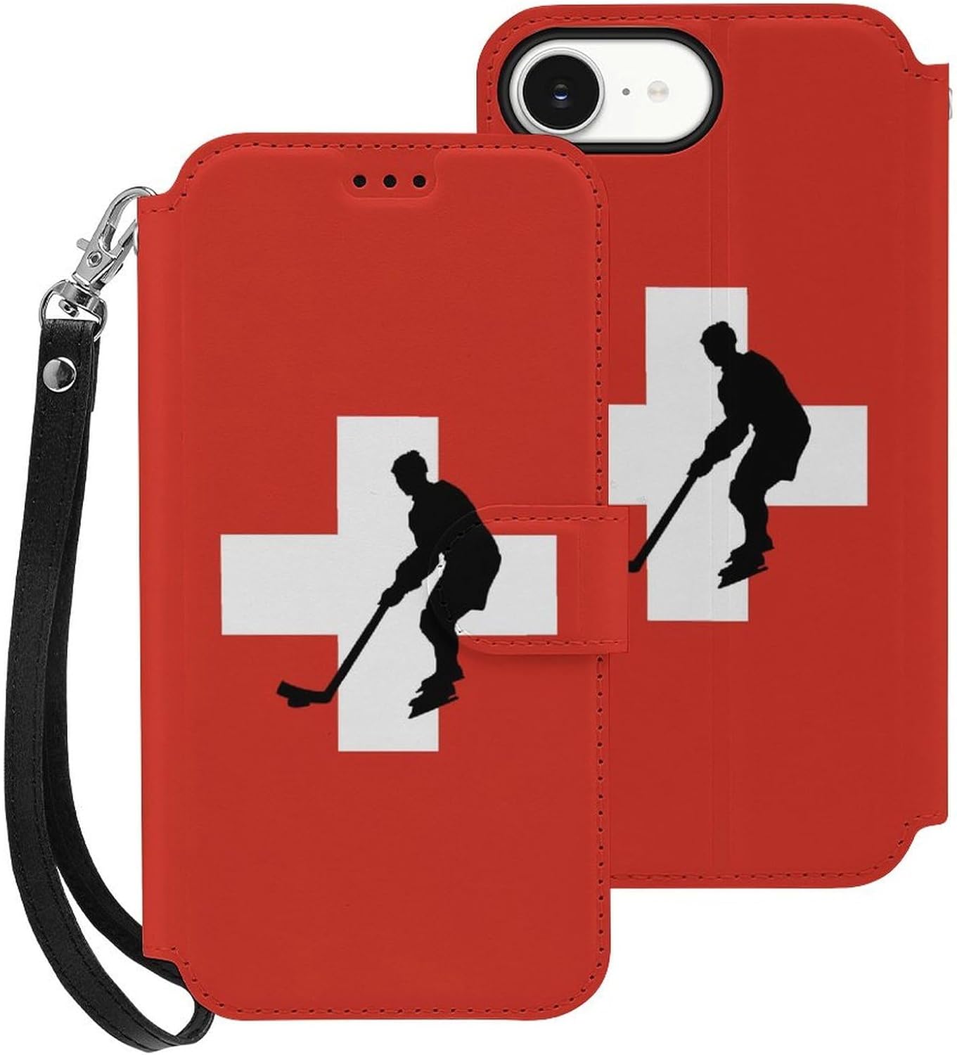 Switzerland Flag Ice Hockey Compatible with iPhone 16/16 Plus/16 Pro/16 Pro Max/16 E Case Phone Wallet Card Holder Flip Cover with Wrist Strap