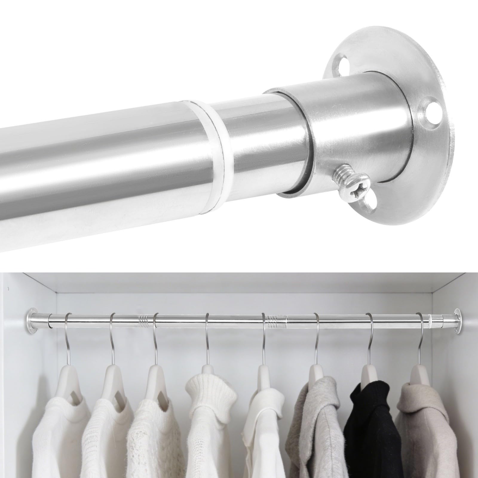 KINGSOW Silver Extendable Wardrobe Rail: 64.5-130cm Heavy Duty 25mm Stainless Steel Clothes Hanging Rails 25kg Load Capacity for Bedroom Closet Laundry
