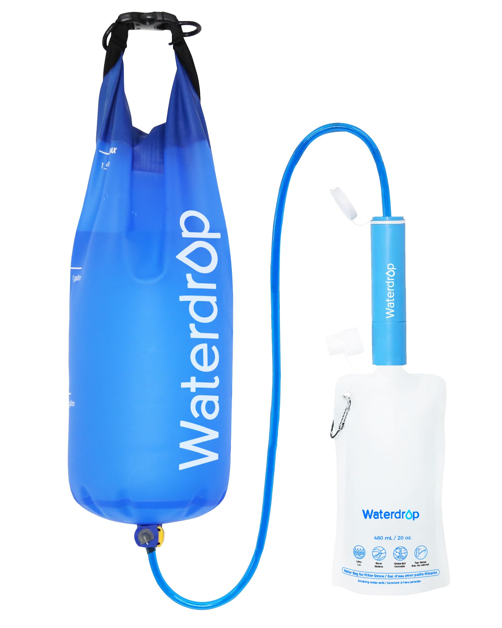 Waterdrop Gravity Water Filter Straw, Camping Water Filtration System, Water Purifier Survival for Travel, Backpacking and Emergency Preparedness, 1.5 gal Bag, 0.1 Micron, 5 Stage Filtration, Blue
