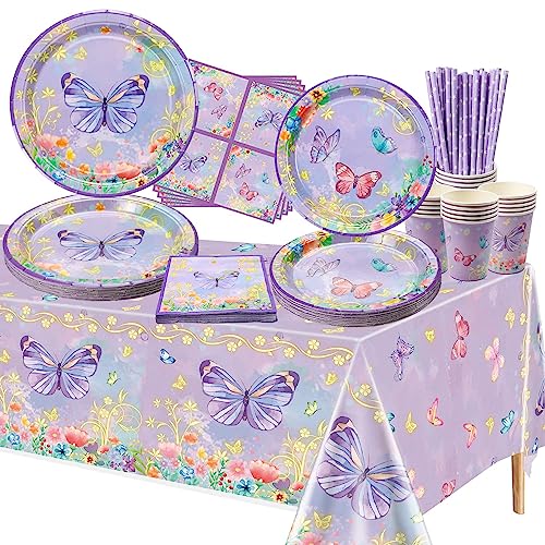 XJLANTTE Décorations d'anniversaire papillon - 106 pièces violettes avec assiettes, serviettes, tasses, nappe et pailles en papier pour fête d'anniversaire papillon, pour 20 personnes (JY-09)