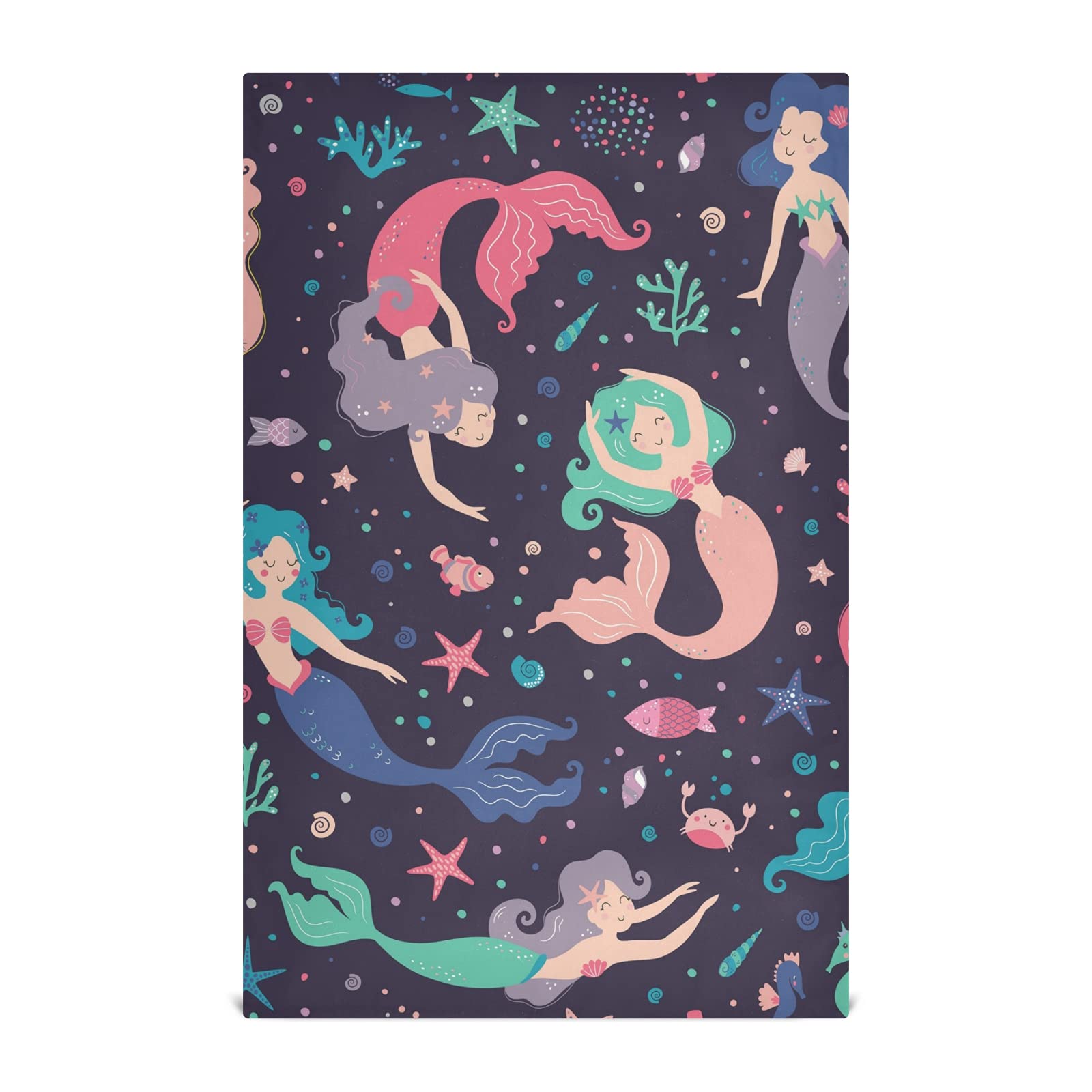 Seamless Colorful Childish Cute Swimming Mermaids Starfishes 1 Pack Polyester Kitchen Dish Towel, Hand Bar Tea Towels with Hanging Loop, Hemmed NapkinTowel Dishtowels Waffle Dishcloths
