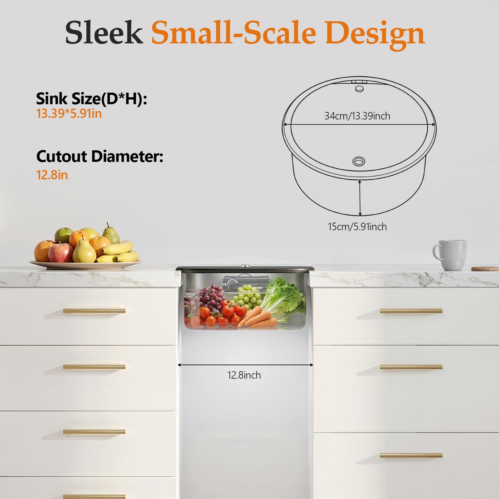 Évier en acier inoxydable Ø 34 cm rond, RV Camping-car Éviers de cuisine Évier encastré en acier inoxydable avec robinet à clapet et raccord de tuyau de vidange, évier de camping pour cuisine, salle