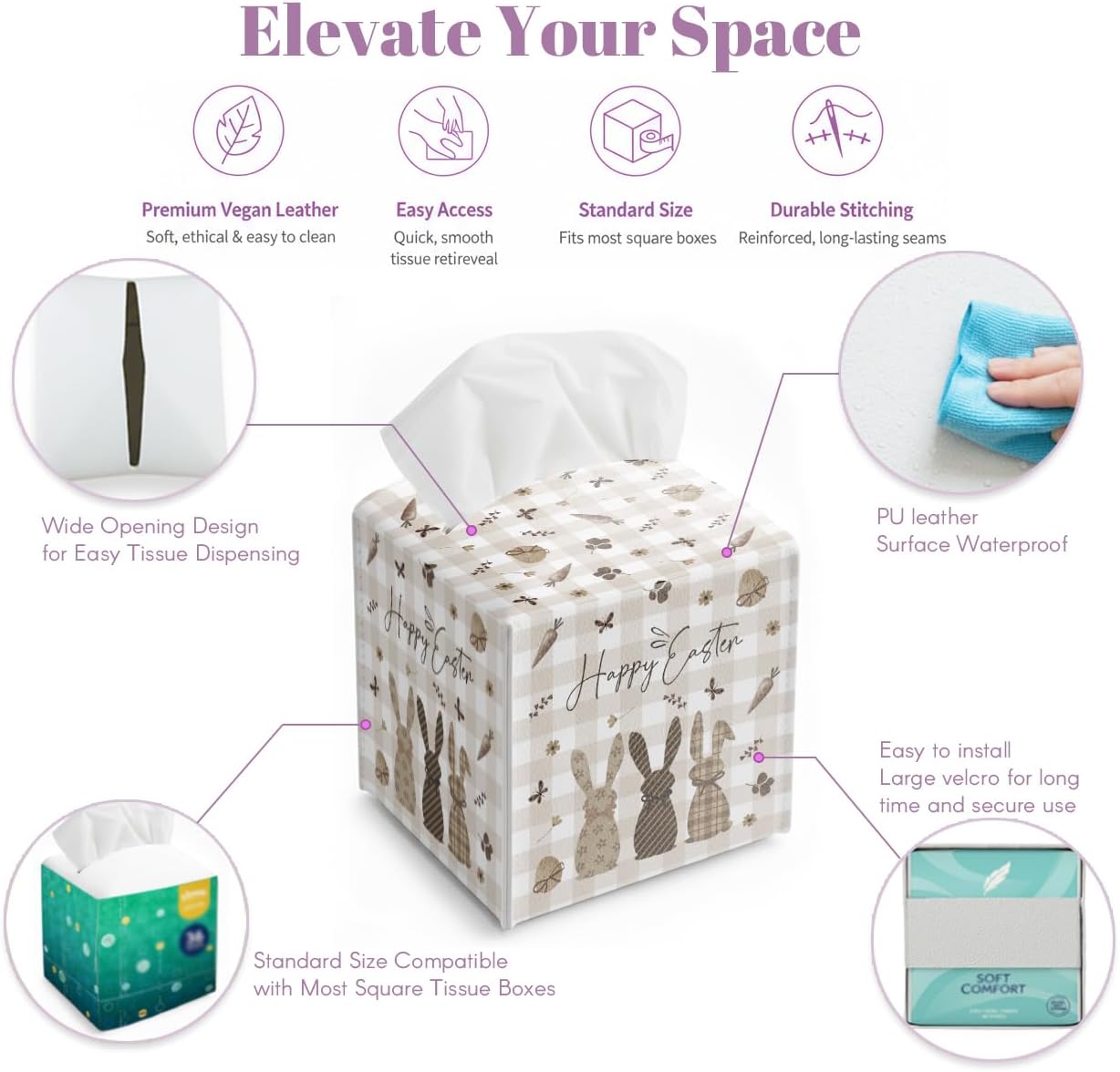 Easter Day Napkin Tissue Box Cover, Buffalo Plaid Bunny Runner Waterproof Leather Paper Organizer Dispenser for Table Dining, Bathroom, Nightstand Vanity, Car, Housewarming Gift Ideas, K - Image 3