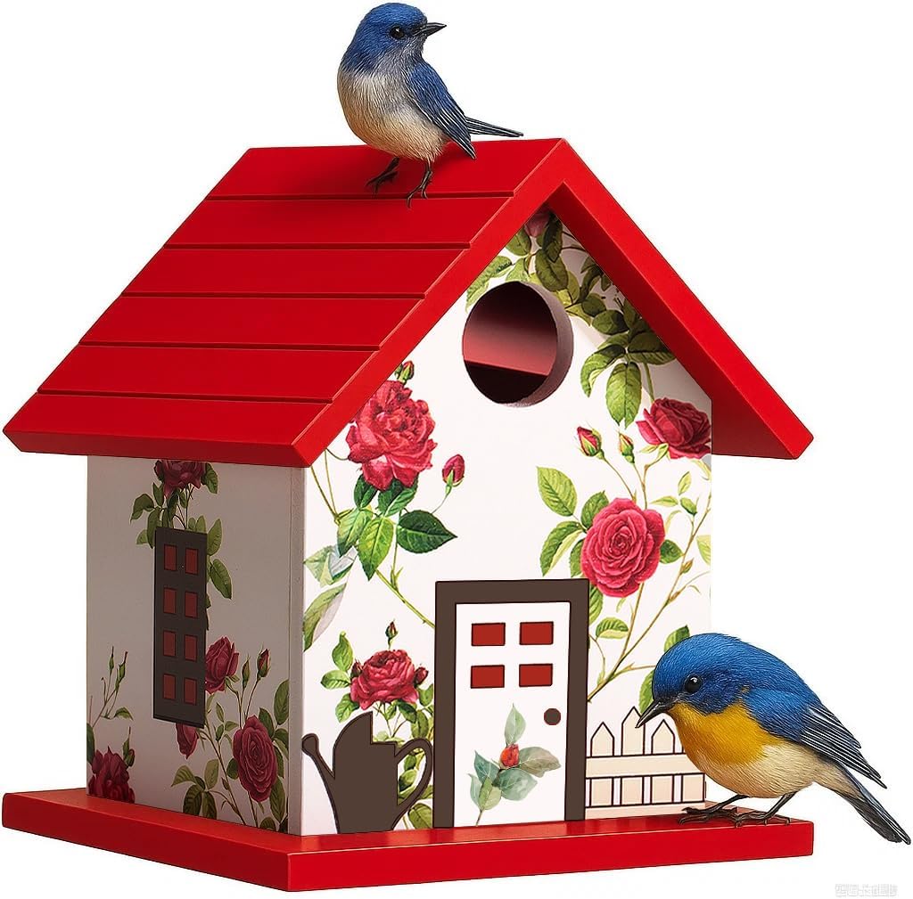 Squirrel-Proof Spring Melody Birdhouse - Waterproof Composite Hanging Nesting Box for Bluebirds, Pole Mountable Outdoor Bird House (Red)