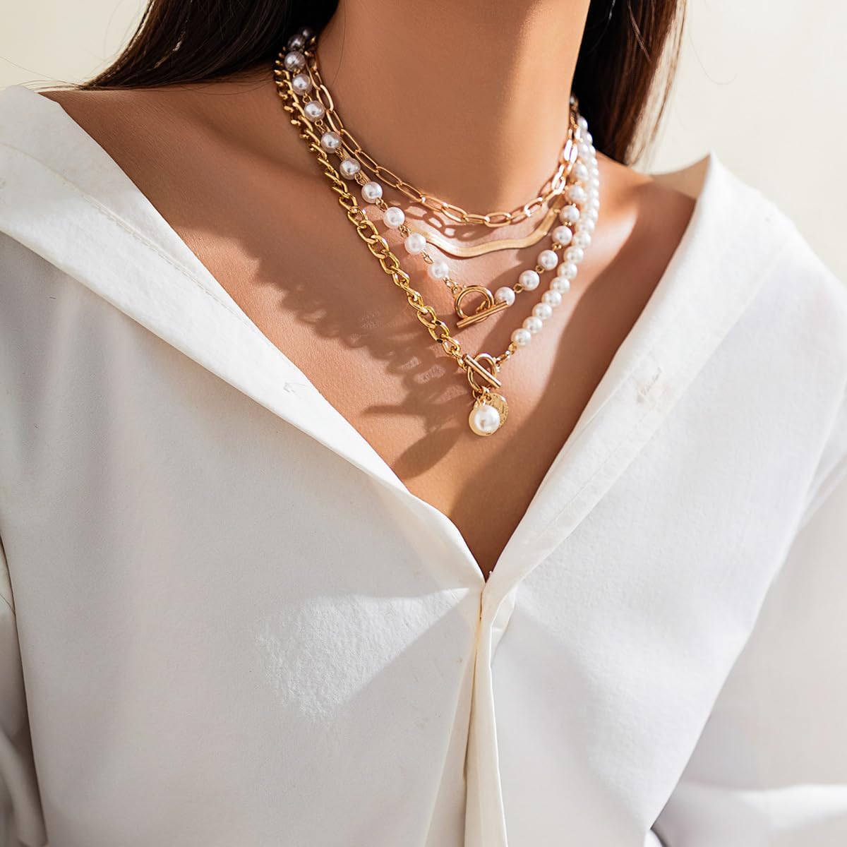 Layered Necklace Multilaye Chunky Plated layered Pearl Paperclip Chain Necklace Adjustable Layering Chain Plated Necklaces Set for Women Jewerly - Image 4