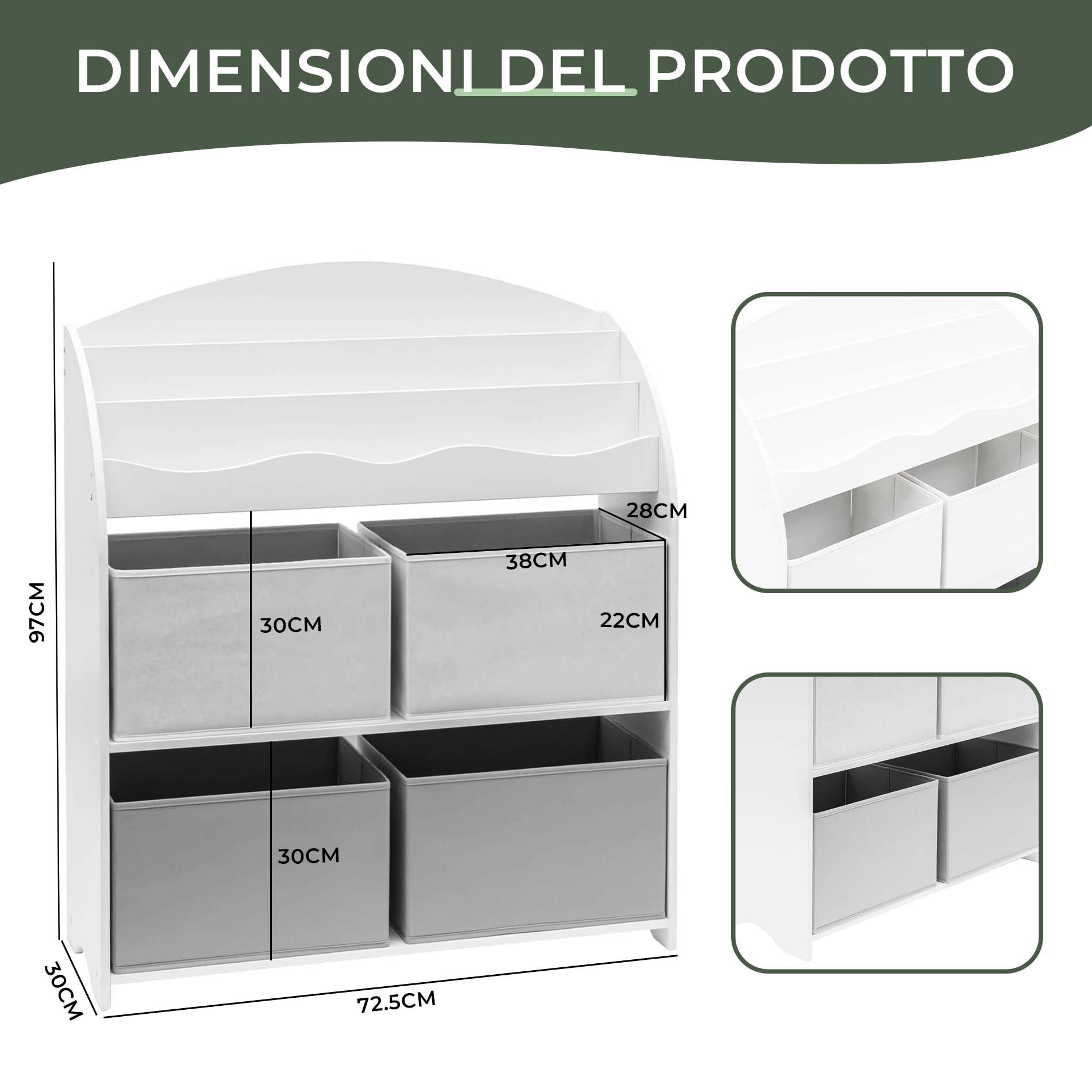 Rebecca Mobili Scaffale Per Giocattoli, Portagiochi Bambini, Bianco Grigio, MDF TNT, Con 4 Ceste, Per Cameretta - Misure HxLxP: 97,5 x 82,5 x 29,5 cm - Art. RE6846